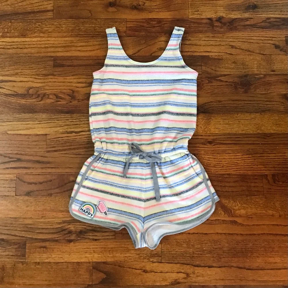 Justice 1 Pc Multicolor Stripe Shorts Romper Happy Rainbow Chill Ice Cream Pocke